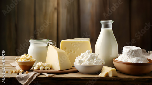 Dairy Products on wood background. Natural lighting, dairy products placed on a textured wooden background, milk and cheese, generative ai