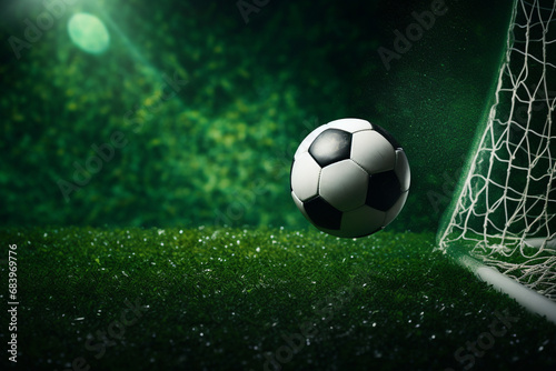 A soccer ball kicked into the goal net on the football field background. Sports concept. High quality photo
