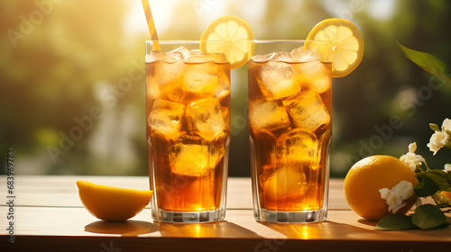 Traditional iced tea with lemon and ice in tall glasses, sunny bright background, generative ai