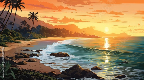Illustrated idyllic landscapes of paradisiacal destinations, featuring serene beaches and lush jungles reminiscent of vintage travel posters. photo