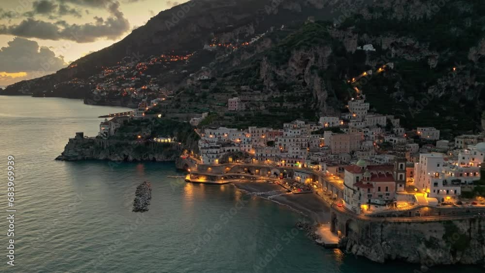 custom made wallpaper toronto digitalFlying above famous Amalfi Coast after sunset. Small beautiful coastal towns - Atrani and Amalfi with city lights. Amalfi coast near Naples, Campagna, Italy. High quality 4k