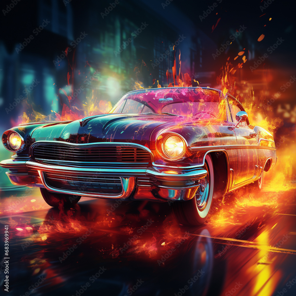 Creative and abstract digital artwork depicting a vintage car surrounded by neon matte light gradients. Cars in frozen moving motion.