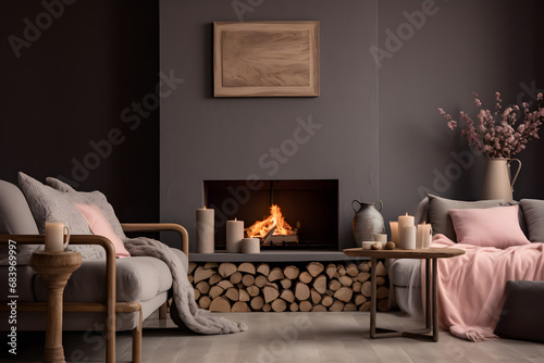 Living room with a fireplace and wood logs, in the style of beige, light pink, indoor still life, brown and beige