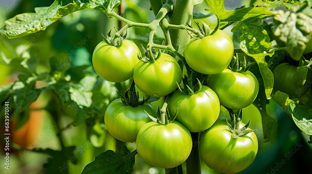 Green tomatoes on vine in thriving greenhouse garden Green tomatoes on vine in thriving greenhouse garden