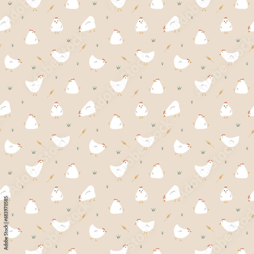 Cute Cartoon chicken and hen Seamless Pattern, Background vector Illustration