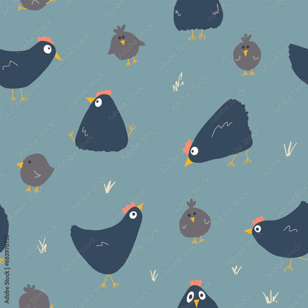 Obraz premium Cute Cartoon chicken and hen Seamless Pattern, Background vector Illustration