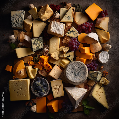 Background cheeses, appetizing tasty pieces and slices of different cheeses on black, flatley, culinary background for packaging design and advertising, brie, kalembert, maasdam, gouda, edam, dor blue photo