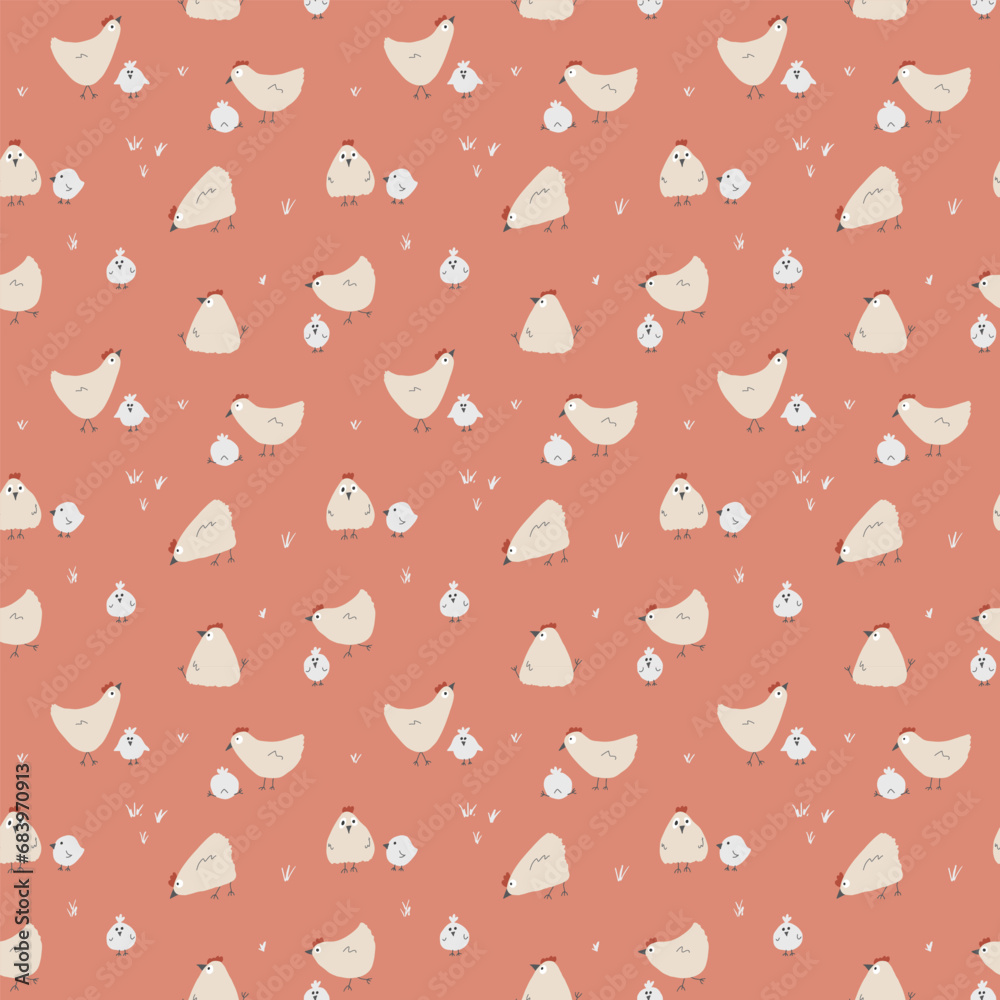Cute Cartoon chicken and hen Seamless Pattern, Background vector Illustration Cute Cartoon chicken and hen Seamless Pattern, Background vector Illustration