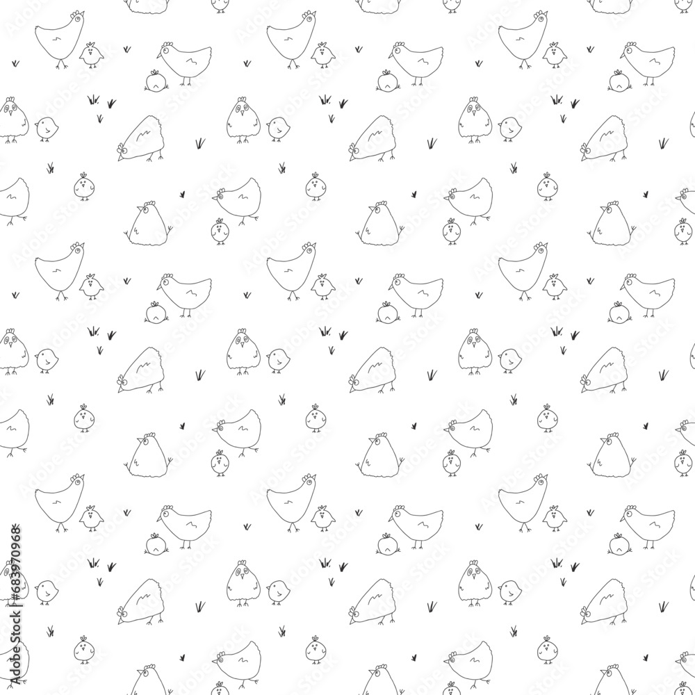 Cute Cartoon chicken and hen Seamless Pattern, Background vector Illustration