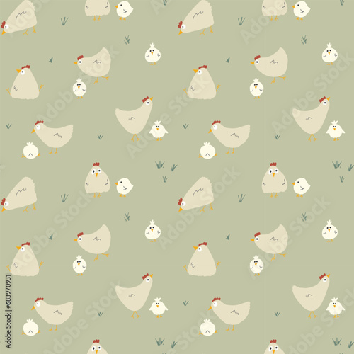 Cute Cartoon chicken and hen Seamless Pattern, Background vector Illustration