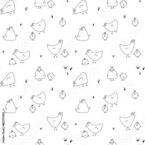 Cute Cartoon chicken and hen Seamless Pattern, Background vector Illustration
