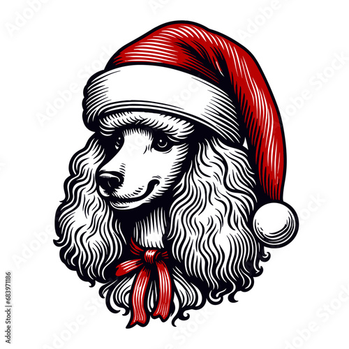 Poodle dog wearing a Christmas hat and a bow sketch
