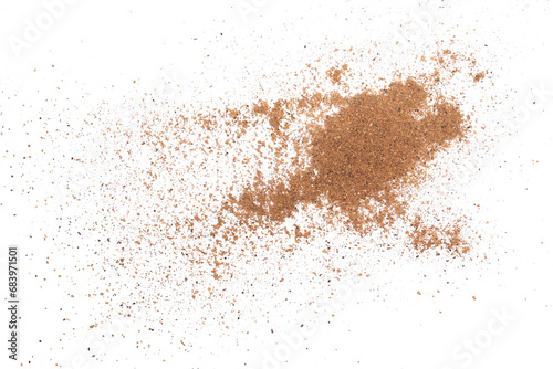 Milled nutmeg, powder isolated on white, top view