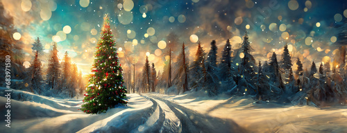 Christmas tree background in winter snowy coniferous forest with fairy landscape. Happy New Year panorama with copy space. Sunny weather in cold day.