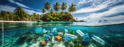 Plastic waste problem on ocean floor. Beautiful tropical beach on the background. Save Planet Earth concept. Copy space for text. Panorama.