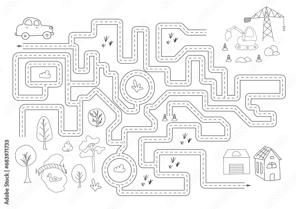 Labyrinth, Maze game for children. Logical puzzle for kids. Quest to find the right path for a car to the house. Vector illustration A4 - ready to print format.