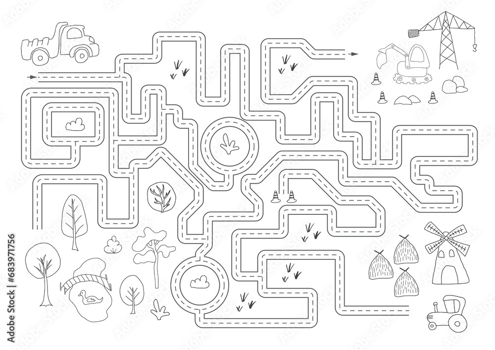 Labyrinth, Maze game for children. Logical puzzle for kids. Quest to find the right path for a truck to construction site. Vector illustration A4 - ready to print format.