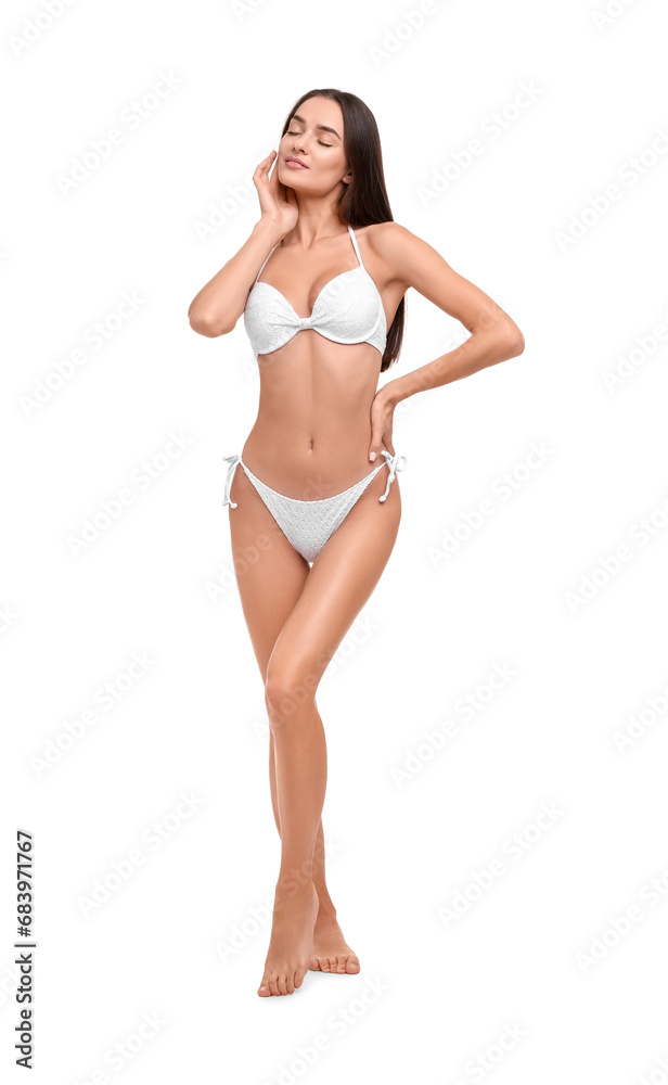 Young woman in stylish bikini isolated on white Young woman in stylish bikini isolated on white