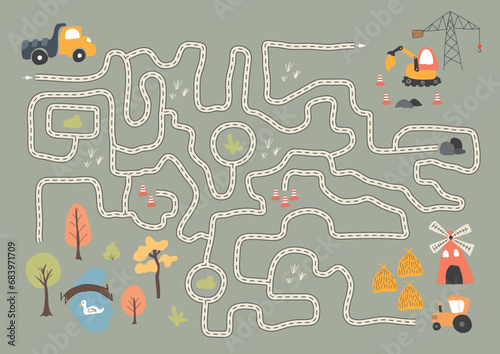 Labyrinth, Maze game for children. Logical puzzle for kids. Quest to find the right path for a truck to construction site. Vector illustration A4 - ready to print format.