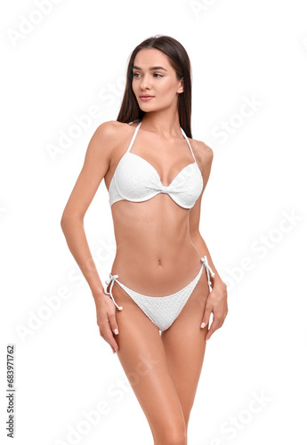 Young woman in stylish bikini isolated on white