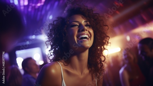 A happy woman at party at night club with friends. photo