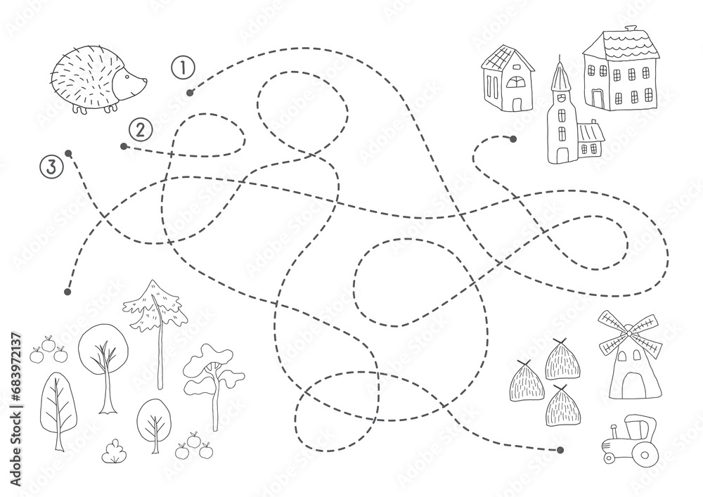 Labyrinth, Maze game for children. Logical puzzle for kids. Quest to find the right path for a hedgehog to the forest. Vector illustration A4 - ready to print format. Labyrinth, Maze game for children. Logical puzzle for kids. Quest to find the right path for a hedgehog to the forest. Vector illustration A4 - ready to print format.