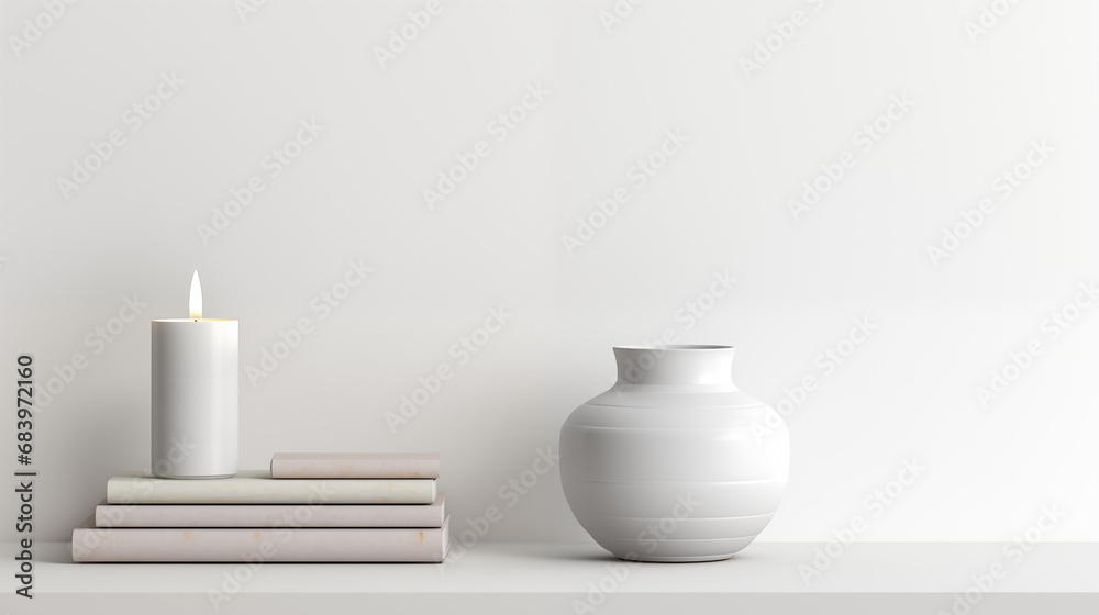 A white vase, stack of books, and a candle on a white shelf. Minimalist Scandinavian interior decor. A white vase, stack of books, and a candle on a white shelf. Minimalist Scandinavian interior decor.