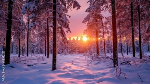 Sunset paints a forest in hues of purple and pink against the backdrop of a snowy landscape, with snow-laden pine trees and untouched snow under a colorful sky. © Antonio