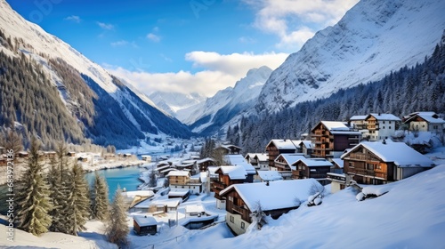Snow-covered alpine village in a valley with traditional wooden chalets and a frozen river during a clear winter day, surrounded by forested mountains.