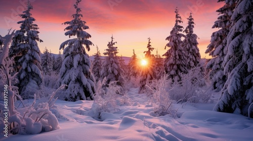 A serene winter sunrise, with the sun peeking through snow-laden coniferous trees, casting a warm glow over the pristine snowy landscape. © Antonio