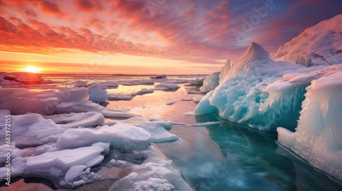 A dramatic sunrise over a frozen seascape, with ice formations glowing in the light and a fiery sky reflecting on the tranquil water surface.