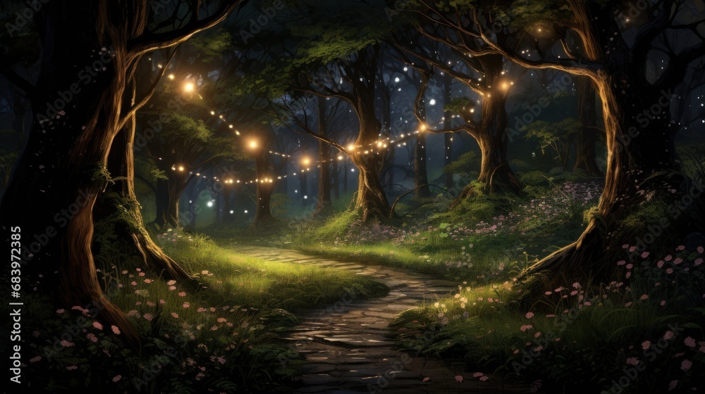  a painting of a path in the middle of a forest with fairy lights strung from the trees over the path.