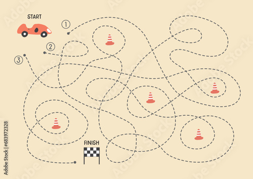 Labyrinth, Maze game for children. Logical puzzle for kids. Quest to find the right path for a race car to finish. Vector illustration A4 - ready to print format.