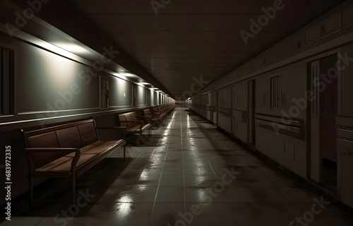 Long dark hospital corridor with rooms and seats, empty accident and emergency interior