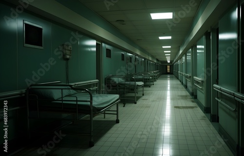 Long dark hospital corridor with rooms and seats  empty accident and emergency interior