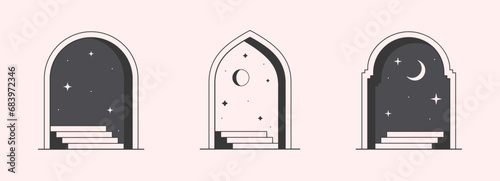 Vector mystic logo design templates with portals,steps,night,stars,crescent moon.Surreal abstract illustrations with moroccan arch.Magical emblem in oriental style.Branding design templates.