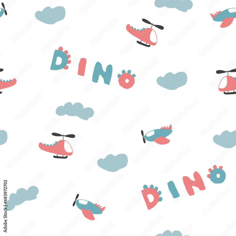 Obraz premium Cute Dino Airplanes and helicopters Seamless Pattern, Childish Cartoon background, vector Illustration.