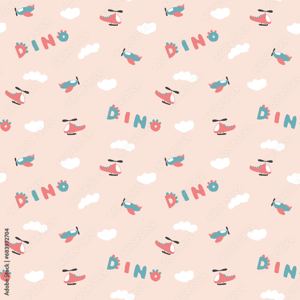 Cute Dino Airplanes and helicopters Seamless Pattern, Childish Cartoon background, vector Illustration.