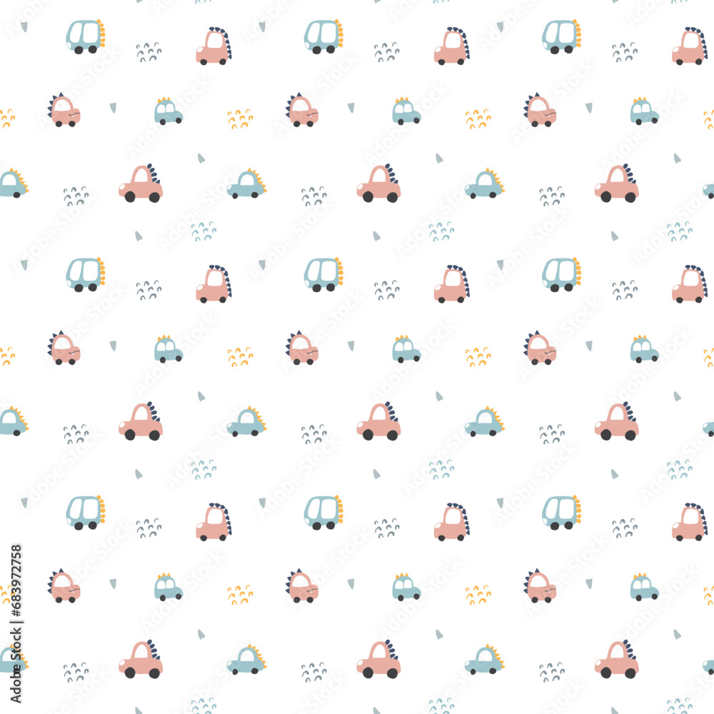Cute Dino Cars Seamless Pattern, Childish Cartoon background, vector Illustration. Cute Dino Cars Seamless Pattern, Childish Cartoon background, vector Illustration.