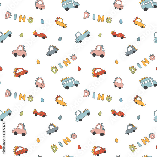 Cute Dino Cars Seamless Pattern, Childish Cartoon background, vector Illustration.