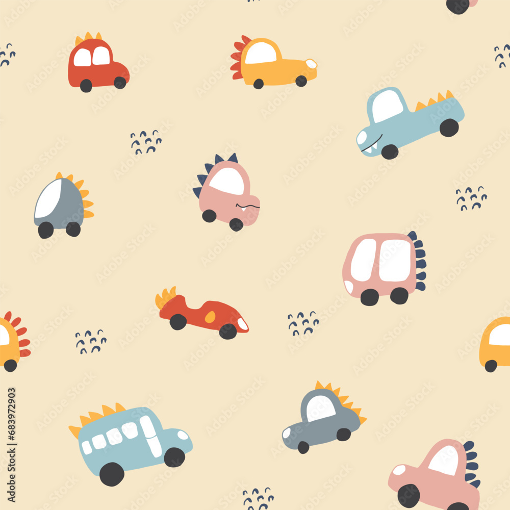 Cute Dino Cars Seamless Pattern, Childish Cartoon background, vector Illustration.