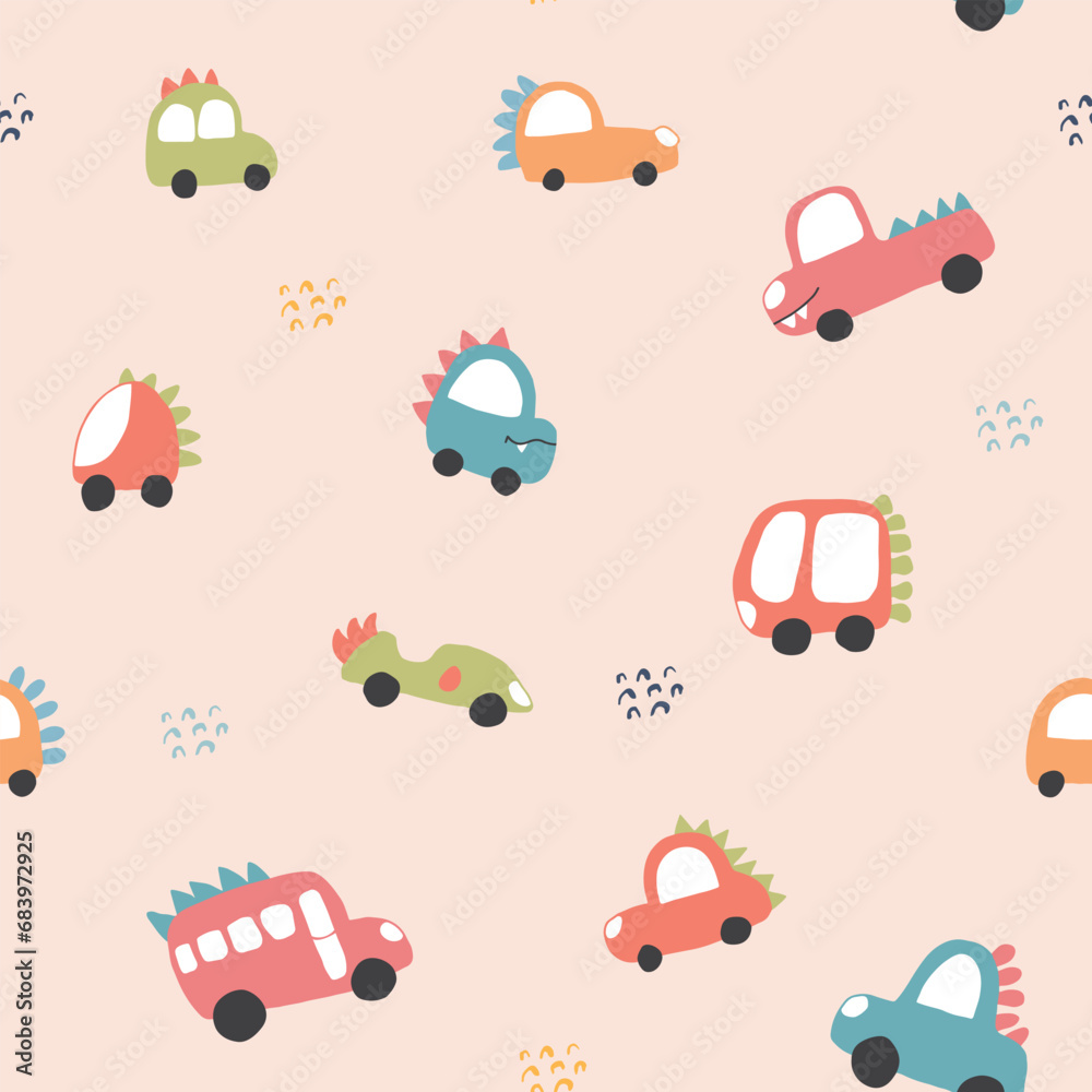 Fototapeta premium Cute Dino Cars Seamless Pattern, Childish Cartoon background, vector Illustration.