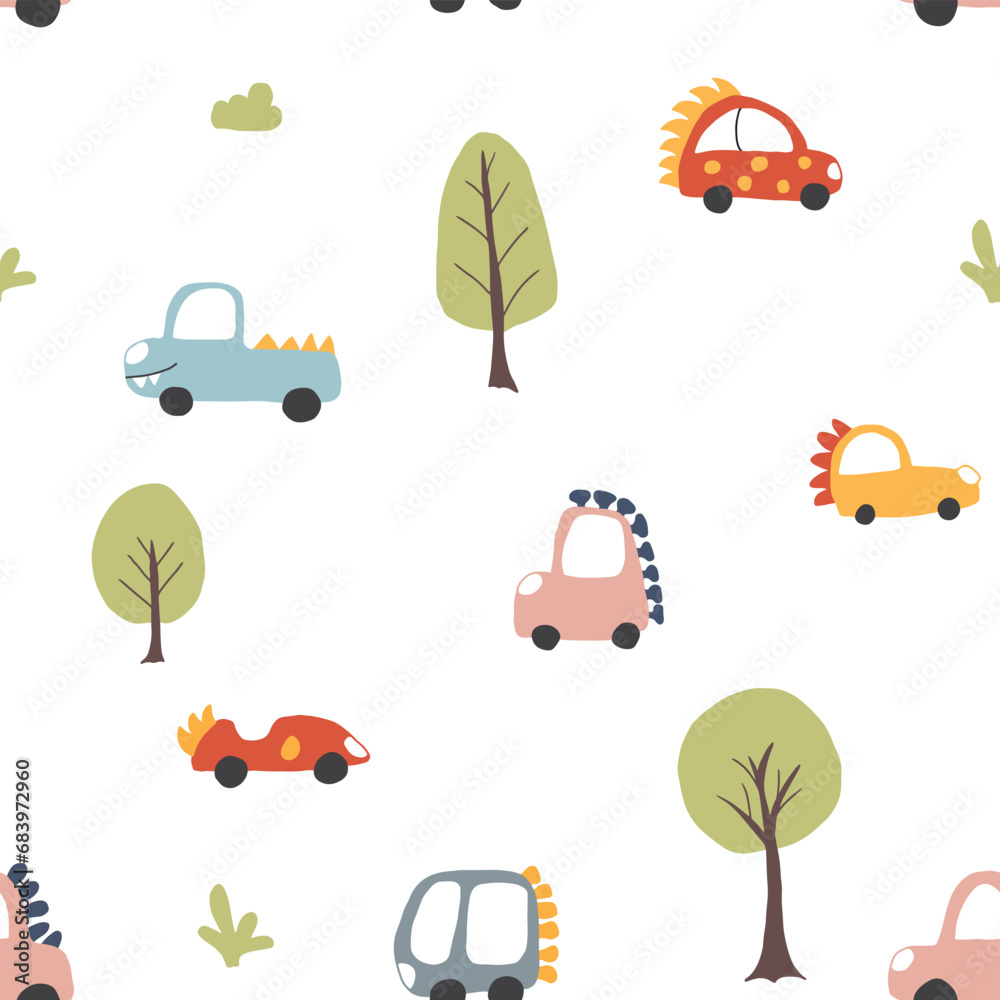 Obraz premium Cute Dino Cars Seamless Pattern, Childish Cartoon background, vector Illustration