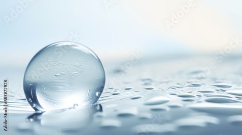  a close up of a drop of water on a surface with drops of water on the surface and a blue sky in the background.