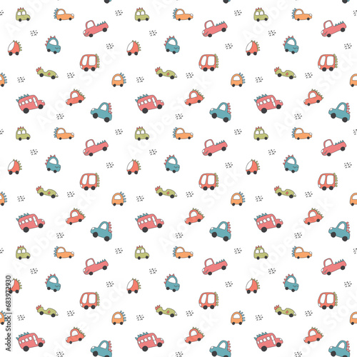Cute Dino Cars Seamless Pattern, Childish Cartoon background, vector Illustration.