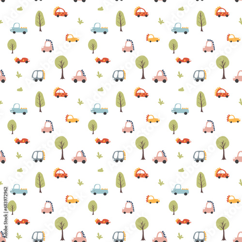 Fototapeta Naklejka Na Ścianę i Meble -  Cute Dino Cars Seamless Pattern, Childish Cartoon background, vector Illustration