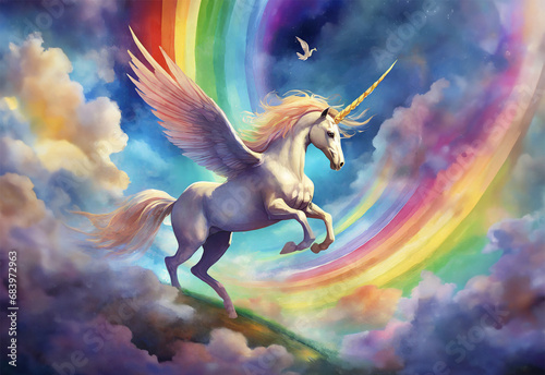 illustration d'une licorne Pégase blanche les ailes déployées sur un fond d'un arc-en-ciel et de nuages multicolores le tout générée par l'intelligence artificielle photo