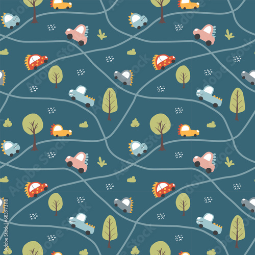 Fototapeta Naklejka Na Ścianę i Meble -  Cute Dino Cars Seamless Pattern, Childish Cartoon background, vector Illustration