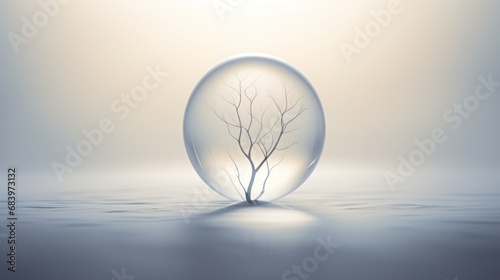  a glass ball with a tree inside of it in the middle of a body of water on a foggy day.