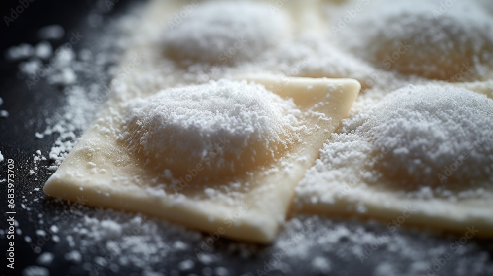 a pile of powdered sugar on top of a piece of bread on top of a black surface with white sprinkles. a pile of powdered sugar on top of a piece of bread on top of a black surface with white sprinkles.
